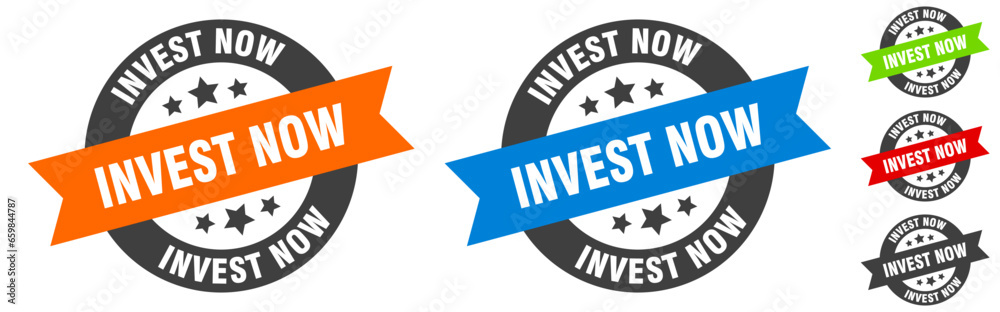 invest now stamp. invest now round ribbon sticker. tag