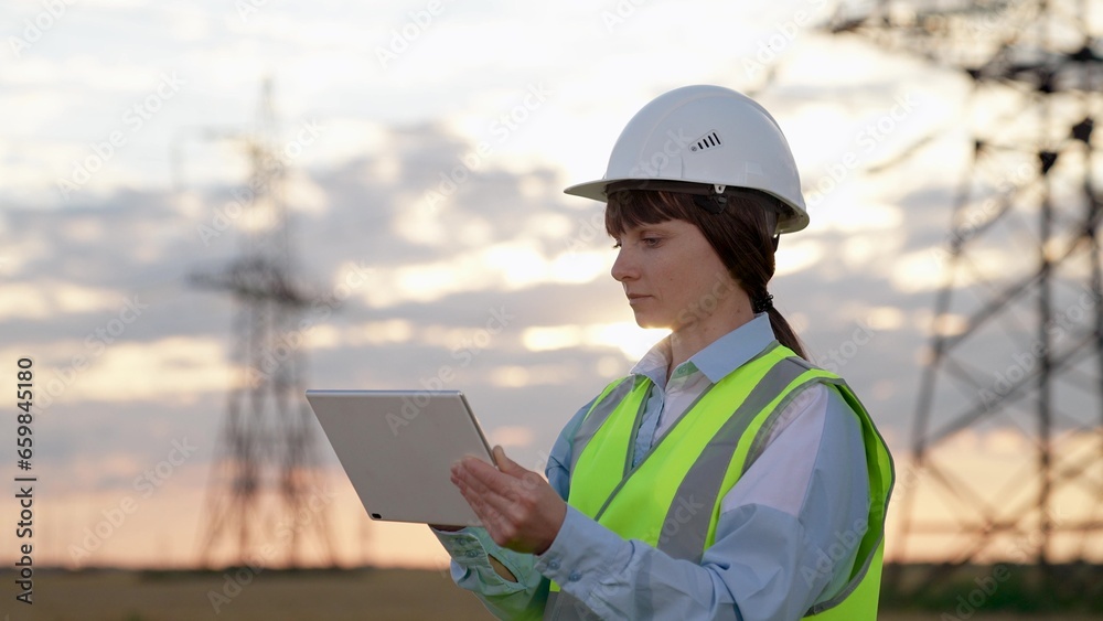 Concentrated electrician works with data on tablet inspecting power substation