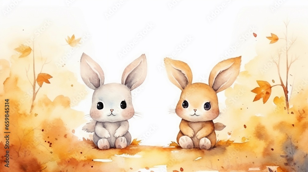 cute bunnies in autumn atmosphere watercolor style with space for text, background image, AI generated cute bunnies in autumn atmosphere watercolor style with space for text, background image, AI generated