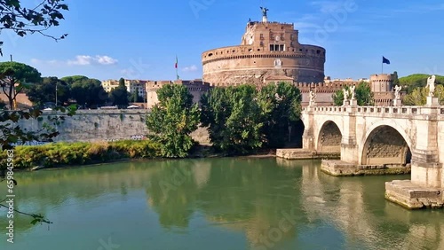 Rome, greatest landmarks of eternal city - castel St. Angelo and Tiber river. 4k HD video photo