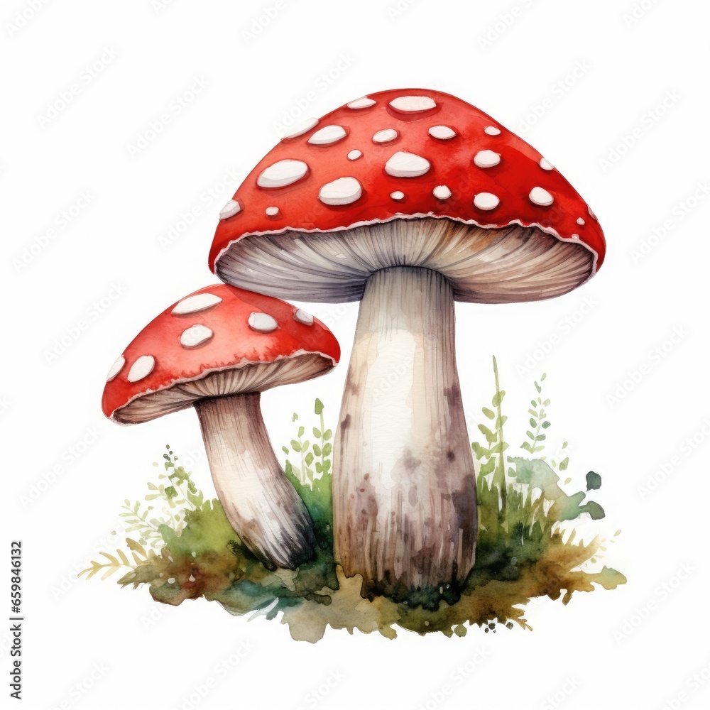 Watercolor red agaric with grass on white Watercolor red agaric with grass on white