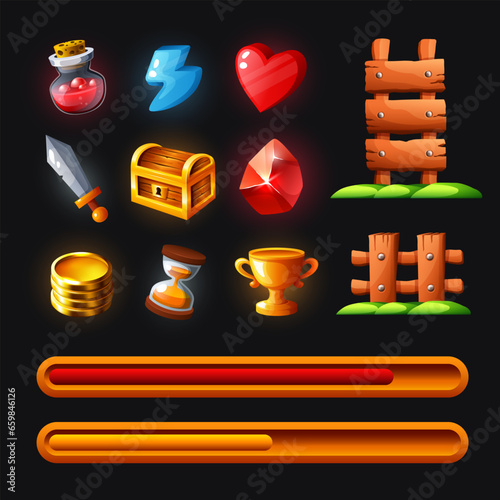 3D icons for video game interface. Big vector set.