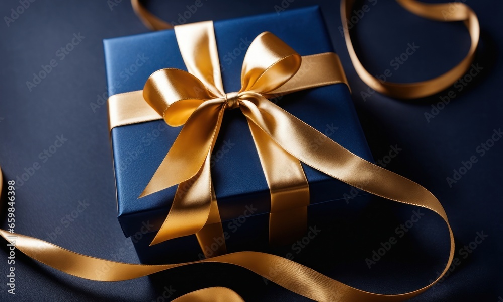 Dark blue gift box with gold satin ribbon on dark background. Top view of birthday gift with copy space for holiday or Christmas present, Generative AI Dark blue gift box with gold satin ribbon on dark background. Top view of birthday gift with copy space for holiday or Christmas present, Generative AI