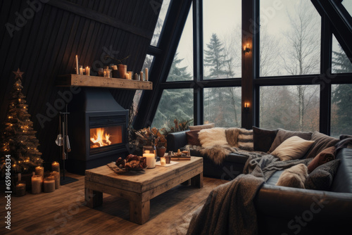 Cozy rustic living room with big floor to ceiling windows and a fireplace  decorated for Christmas.