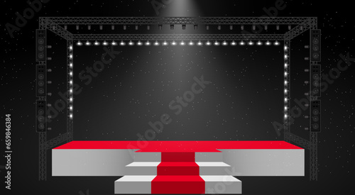 red stage and speaker with led screen on the truss system on the white background 