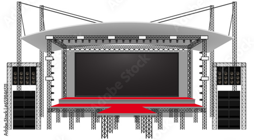 red stage and speaker with led screen on the truss system on the white background	