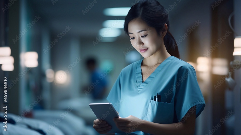 Smiling portrait of ethnic female nurse, doctor or medical student wearing uniformed scrubs using digital tablet technology in hospital Smiling portrait of ethnic female nurse, doctor or medical student wearing uniformed scrubs using digital tablet technology in hospital