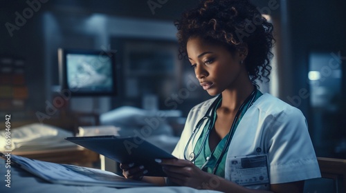 Smiling portrait of ethnic female nurse, doctor or medical student wearing uniformed scrubs using digital tablet technology in hospital