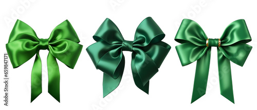 Set Realistic shiny green bow and satin ribbon isolated on transparent background. Green ribbon gift bows. Concept for invitation, banners, gift cards. Template for brochure or postcard. 