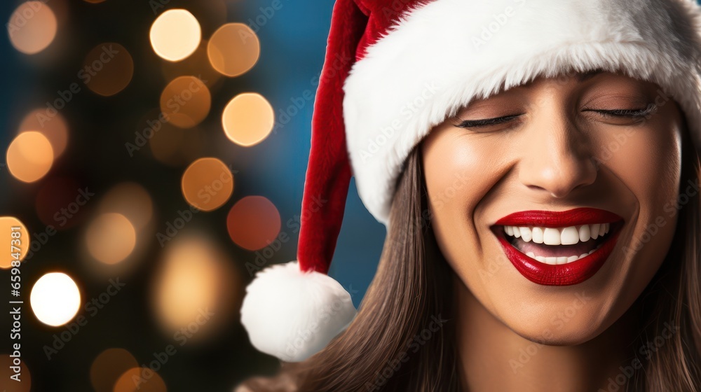 Beautiful young woman wearing Santa hat in room decorated for Christmas Beautiful young woman wearing Santa hat in room decorated for Christmas