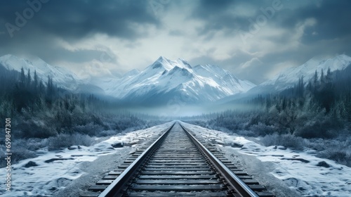 Empty Railroad Track Through a Foggy Snowy Forest in Winter