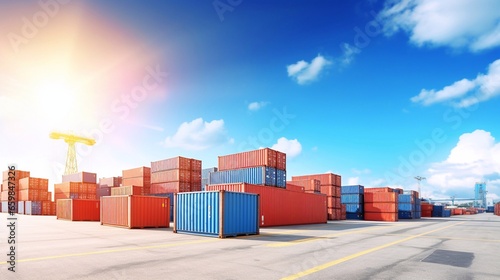 Global Business Logistics import export goods of freight carrier, industrial port cargo transportation industry concept. Close up Container Yard on blue sky background and floor ground with copy space