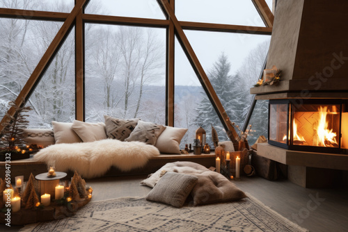 Cozy rustic living room with big floor to ceiling windows and a fireplace, decorated for Christmas. photo