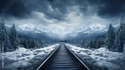 Empty Railroad Track Through a Foggy Snowy Forest in Winter