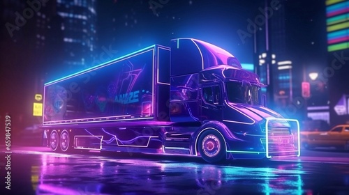 Futuristic Electric truck under neon nights using augmented reality. Future of sustainable transport, autonomous business vehicle for eco-friendly logistics banner with copysapce area