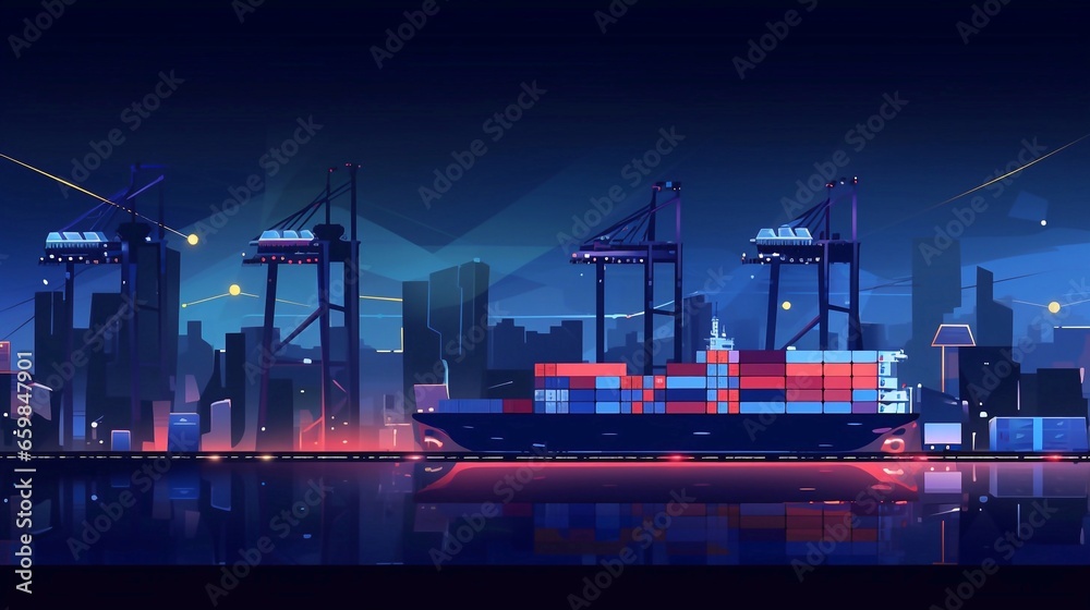 Obraz premium Low polygon banner template with copysapce area for commercial port. Digital cargo ship, container, crane and warehouse in dark blue. Container ships, transport, logistics, business, worldwide deliver