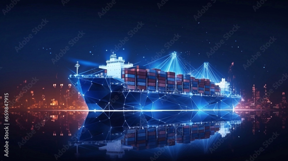 Low polygon banner template with copysapce area for commercial port. Digital cargo ship, container, crane and warehouse in dark blue. Container ships, transport, logistics, business, worldwide deliver - obrazy, fototapety, plakaty 