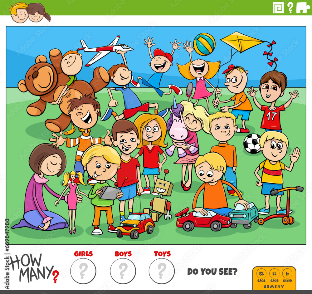 counting cartoon children and toys educational activity