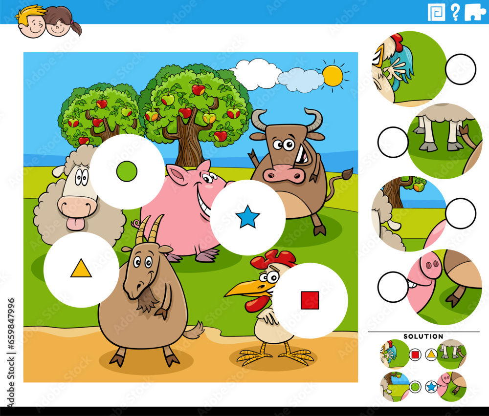 match the pieces game with cartoon farm animals