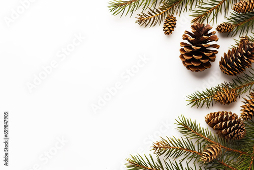 Christmas composition. Christmas fir tree branches  gifts  pine cones on white background with space for text