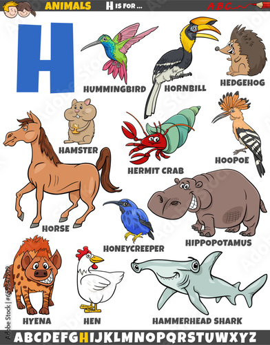cartoon animal characters for letter H educational set