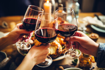 People clinking with a glasses filled with red wine sitting at the Thanksgiving dinner table