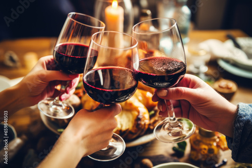 People clinking with a glasses filled with red wine sitting at the Thanksgiving dinner table