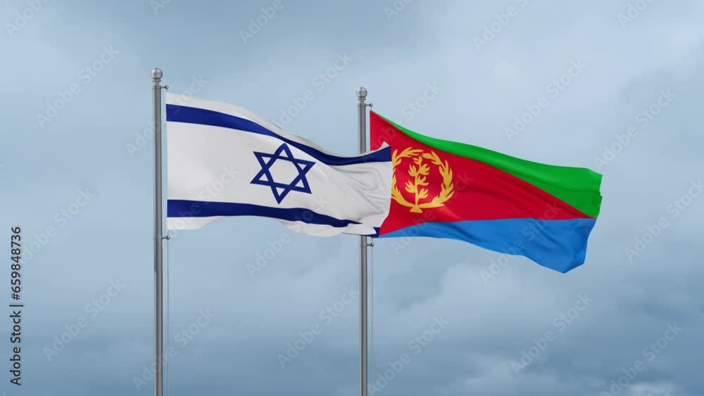Eritrea and Israel flag waving together on cloudy sky, endless seamless loop, two country cooperation concept