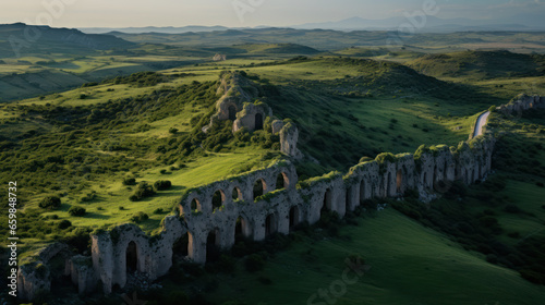 vue aérienne de vestiges d'un aqueduc romain ou grec isolé dans la campagne photo