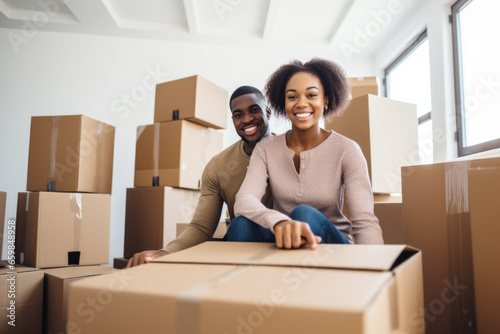 Happy young black couple with cardboard boxes moving in to their new home together © Jasmina