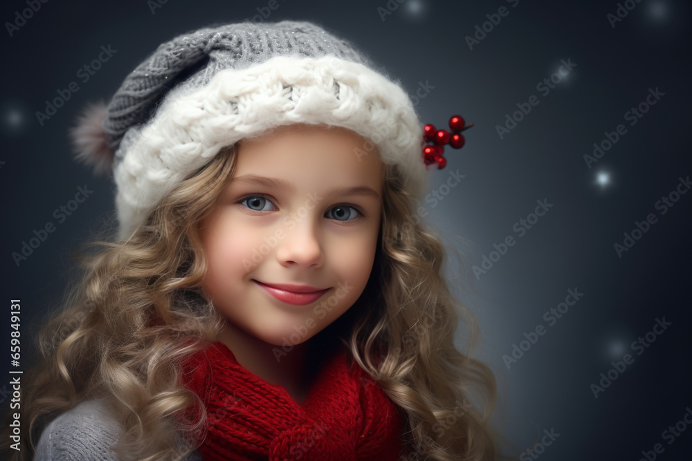 cute little girl in Santa Claus hat on blurred grey background with snowfall. space for text cute little girl in Santa Claus hat on blurred grey background with snowfall. space for text