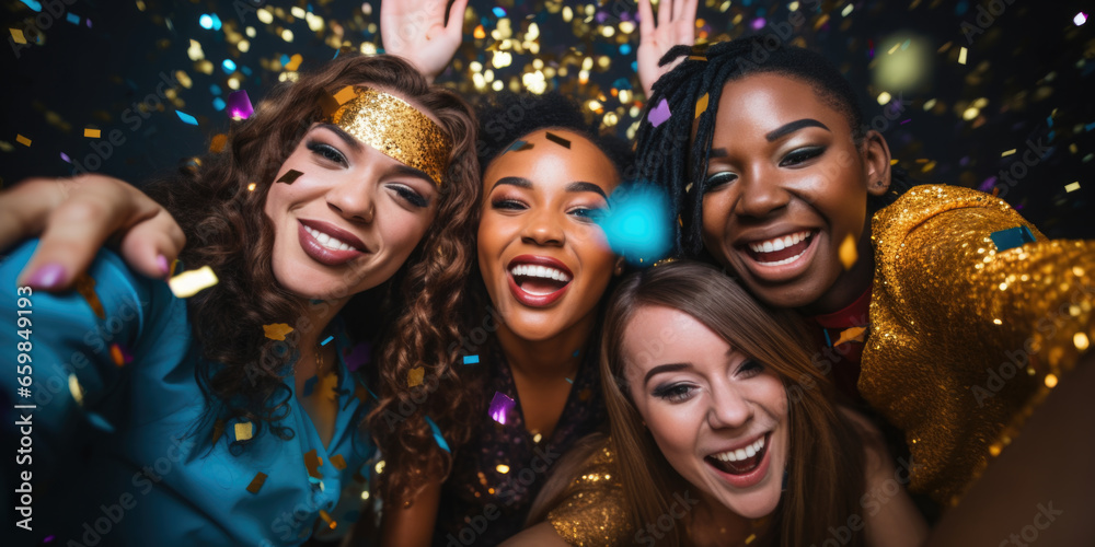 Happy smiling group of mixed race young people dancing, laughing and having fun at the disco club new year party Happy smiling group of mixed race young people dancing, laughing and having fun at the disco club new year party