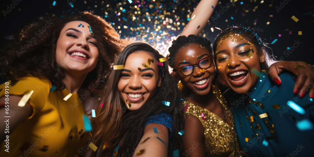 Happy smiling group of mixed race young people dancing, laughing and having fun at the disco club new year party