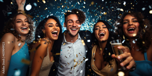 Happy smiling group of mixed race young people holing champagne glasses, laughing and having fun at the disco club new year party