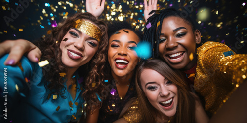 Happy smiling group of mixed race young people dancing, laughing and having fun at the disco club new year party