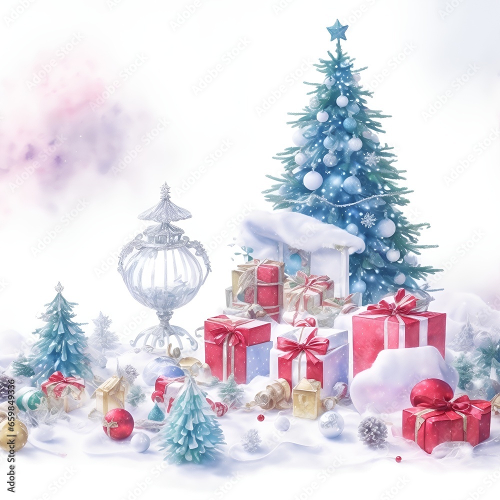 Christmas tree and gift boxes. Watercolor art style background. Christmas tree and gift boxes. Watercolor art style background.
