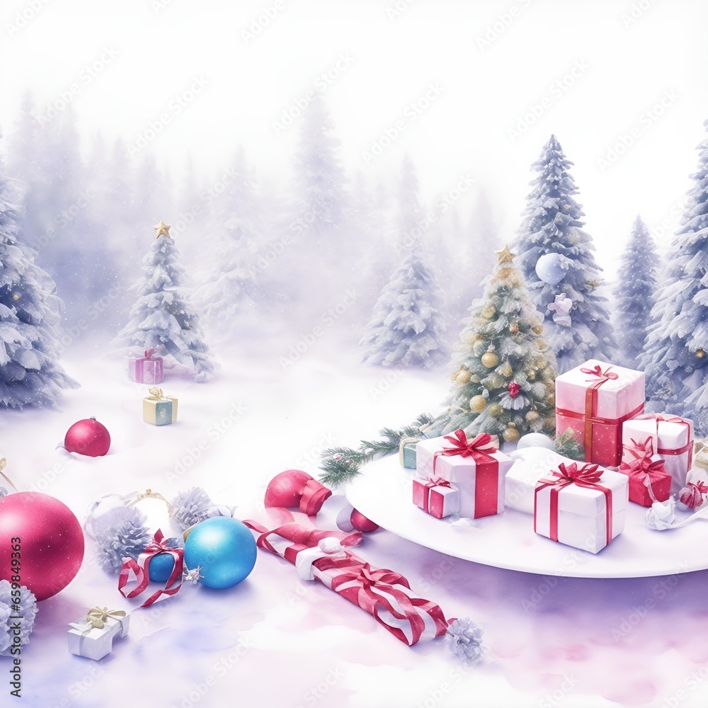 Christmas tree and gift boxes. Watercolor art style background. Christmas tree and gift boxes. Watercolor art style background.