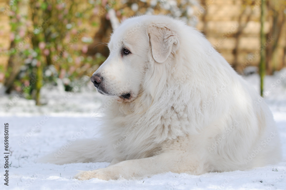 great pyrenees lying in the snow