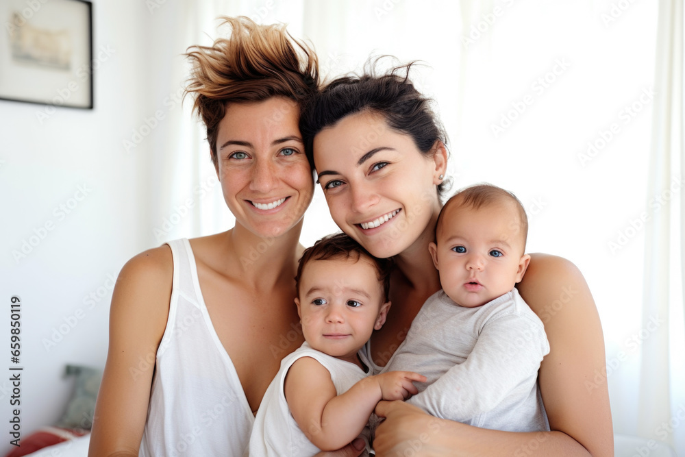 Portrait of happy female Gay couple with babies at home. Concept of lgbt people, lesbian marriage and adoption, homosexual family