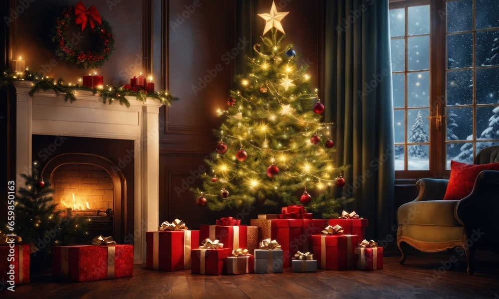 A huge Christmas tree with bright lights and presents, Generative AI