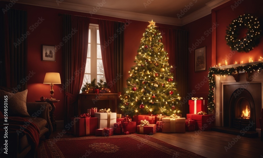 A huge Christmas tree with bright lights and presents, Generative AI