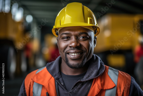 Man wearing hard hat is pictured in warehouse. This image can be used to represent safety precautions, construction work, or industrial settings.