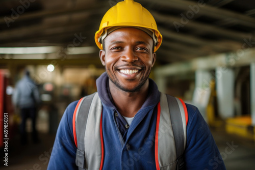 Man wearing hard hat and vest, ready for work at construction site. Suitable for illustrating construction, safety, and industry-related concepts.
