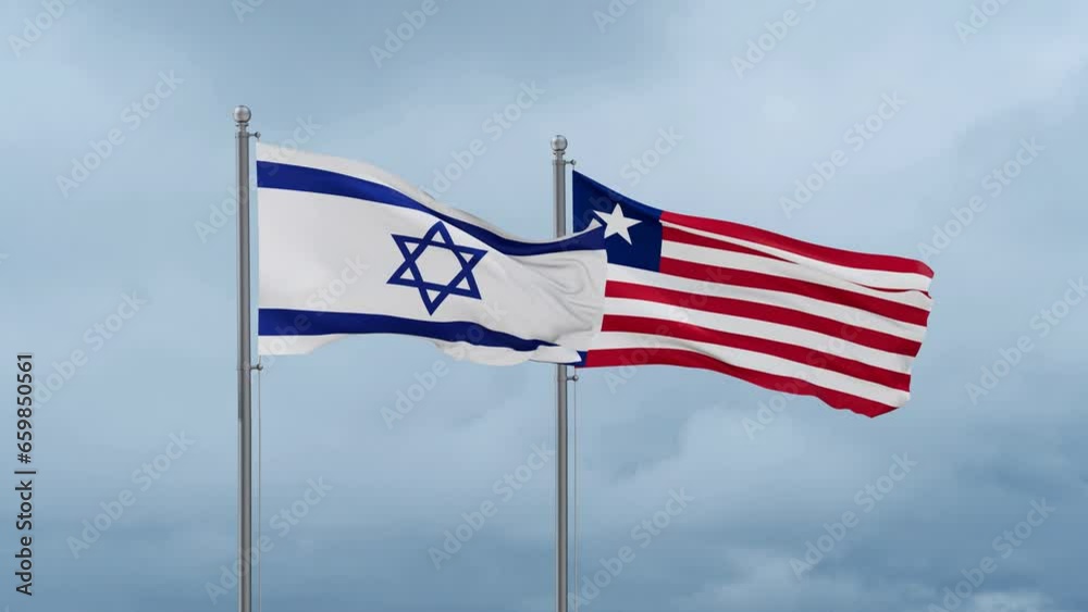Liberia and Israel flag waving together on cloudy sky, endless seamless loop, two country cooperation concept Liberia and Israel flag waving together on cloudy sky, endless seamless loop, two country cooperation concept