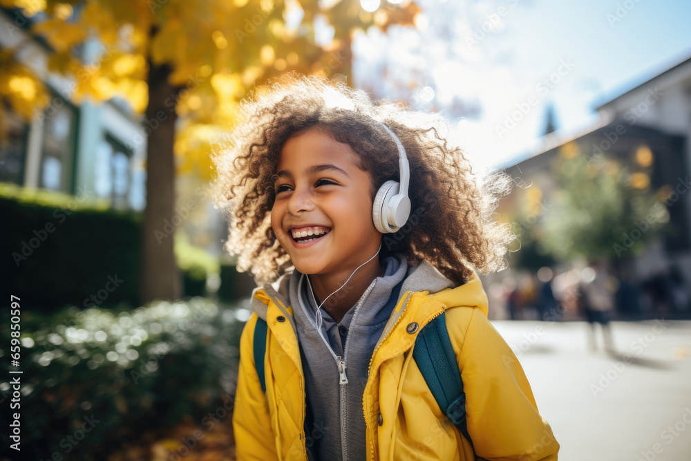 Young girl is pictured wearing headphones and yellow jacket. This image can be used to depict youth, music, fashion, or technology.