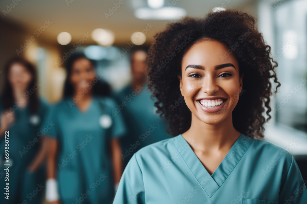 Woman wearing scrubs stands confidently in front of group of nurses. This image can be used to represent leadership, teamwork, and medical profession. Woman wearing scrubs stands confidently in front of group of nurses. This image can be used to represent leadership, teamwork, and medical profession.