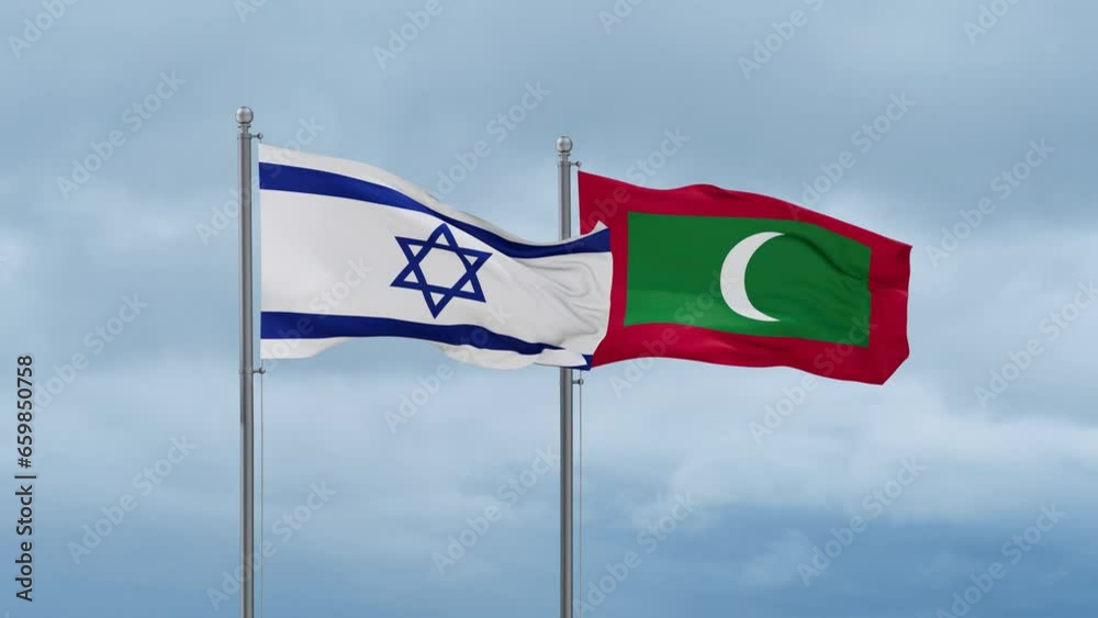 Maldives flag and Israel flag waving together on cloudy sky, endless seamless loop, two country relations concept Maldives flag and Israel flag waving together on cloudy sky, endless seamless loop, two country relations concept