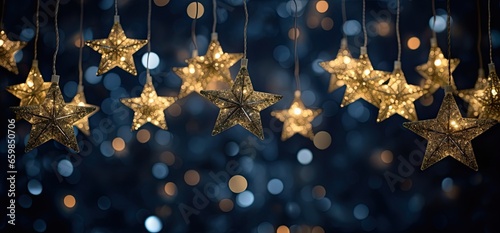 christmas star lights in the night sky, in the style of light gold and indigo, luxurious
