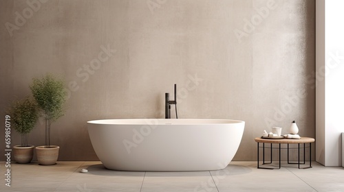 minimalist bathroom interior, concrete floor, and gray and beige walls, bathroom cabinet, bathtub.