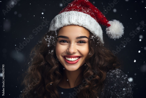 beautiful girl in Santa Claus hat against blurred dark background with snowfall, winter holiday.